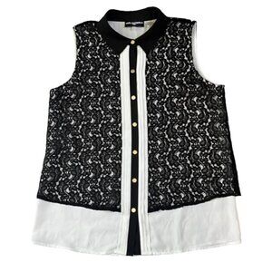 Karl Lagerfeld NWOT Black Lace Overlay White Sleeveless Button Down Shirt Medium